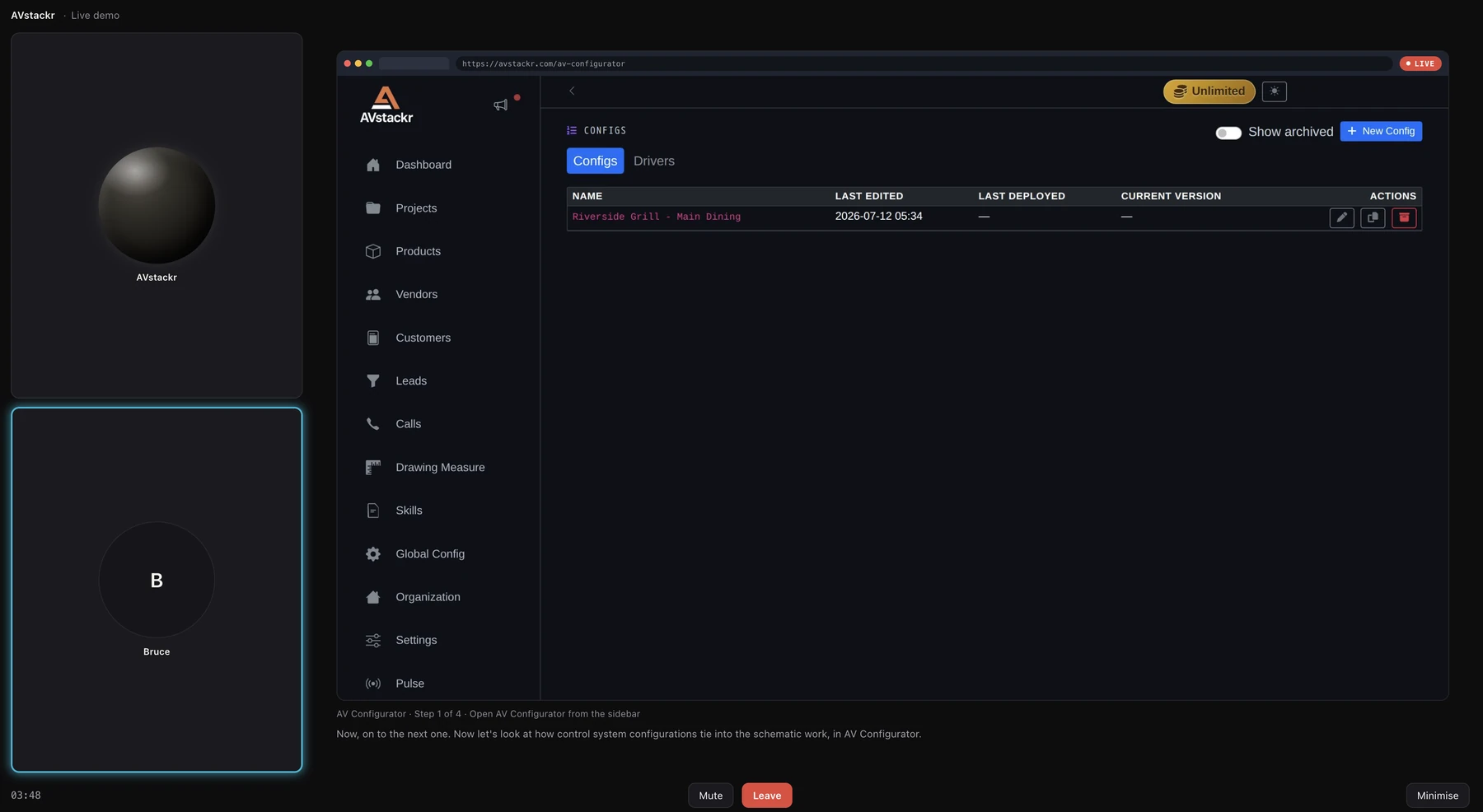 A live demo session: the AI sales engineer's orb and the visitor's tile on the left, and AVstackr's AV Configurator page open in a browser on the right.